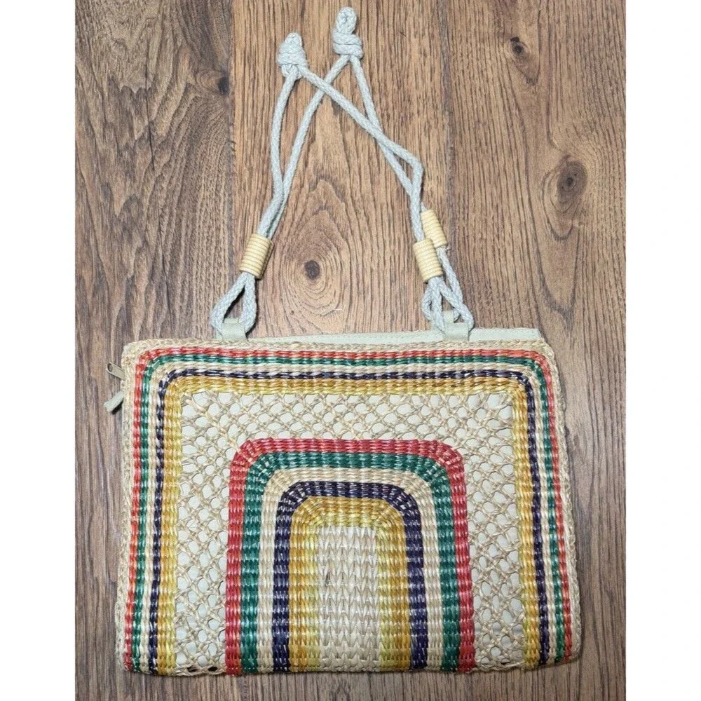 Vintage Rainbow Woven Straw Rattan Tote Rope Handle Boho Beach Purse 1970s